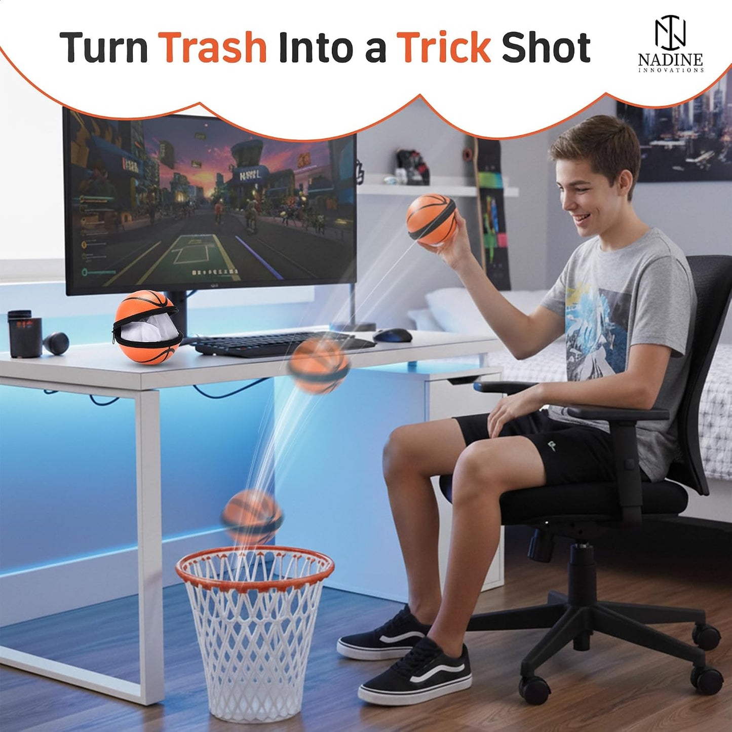 Set of 2 Basketball Trash Can - 2 Zippered Shooting Balls - Perfect Basketball Gift - Boys Room Decor - Easter basket for Dorm or Home Office - Kids Bedroom Wastebasket - Sport Party- Size 12"x12"x12"