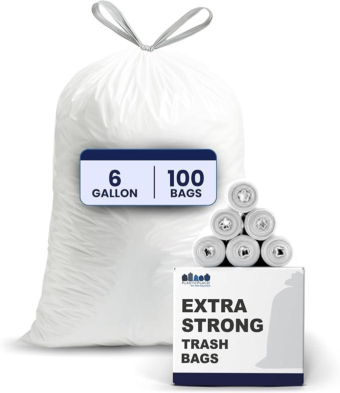 Plasticplace 6 Gallon Trash Bags White Drawstring Garbage Can Liners, 17” x 20” by Plasticplace