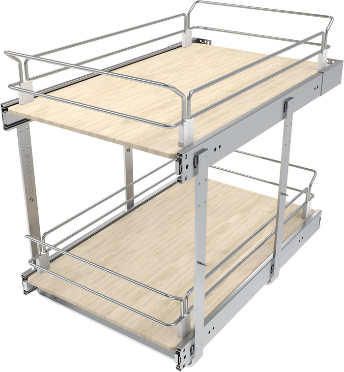 2 Tier Pull Out Cabinet Organizer 14.45" W X 22" D, Wood & Chromed
