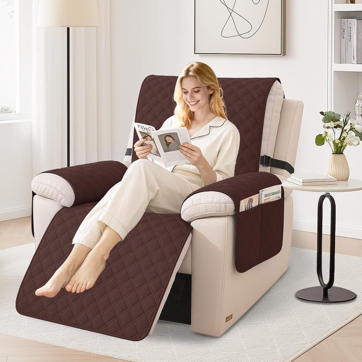 Waterproof Recliner Chair Covers, Recliner Covers that Stay in Place, Electric Recliner Cover, Recliner Covers Washable with Pocket, Elastic Straps for Kids, Pets, Dogs (Brown, 23")