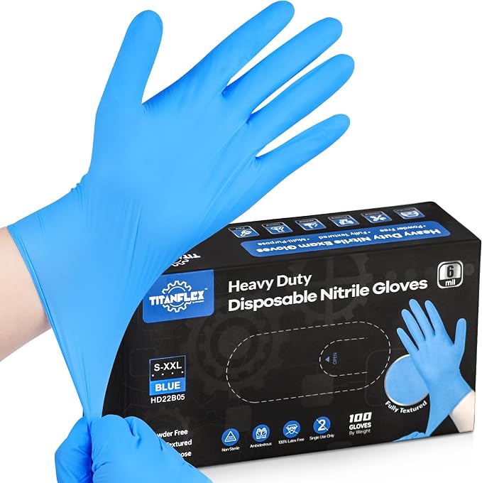 TitanFlex Heavy-Duty Blue Nitrile Gloves, Fully Textured, Mechanic Disposable by TitanFlexDisposableGloves