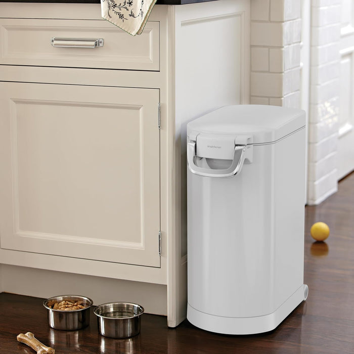 simplehuman Large Pet Food Storage Container, Holds 30-35 lb / 14-16 kg of Dry Dog Food, Cat Food, or Bird Seed, Airtight Lock-Tight Lid with Magnetic Scoop, BPA-Free, White Steel
