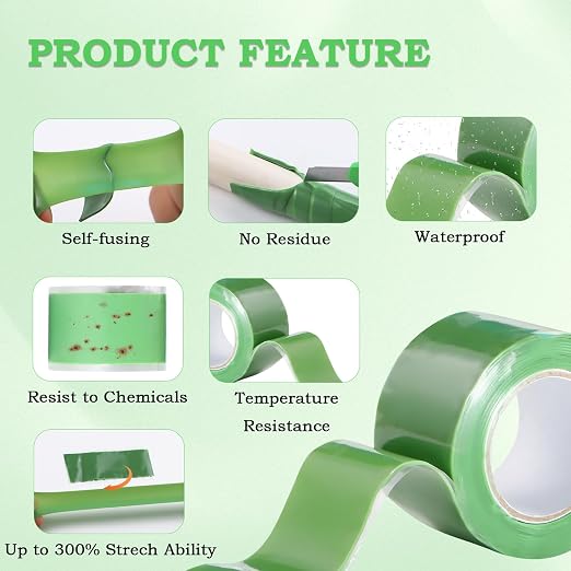 Self Fusing Silicone Tape 2 Rolls 1 in x 5' Green Waterproof Rubber Leak Proof - Image 3