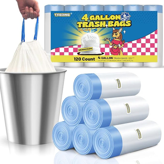 Small Trash Bags 4 Gallon with Drawstring, 1.1 Mil 15 Liter White Thick by TFORING%C2%AE