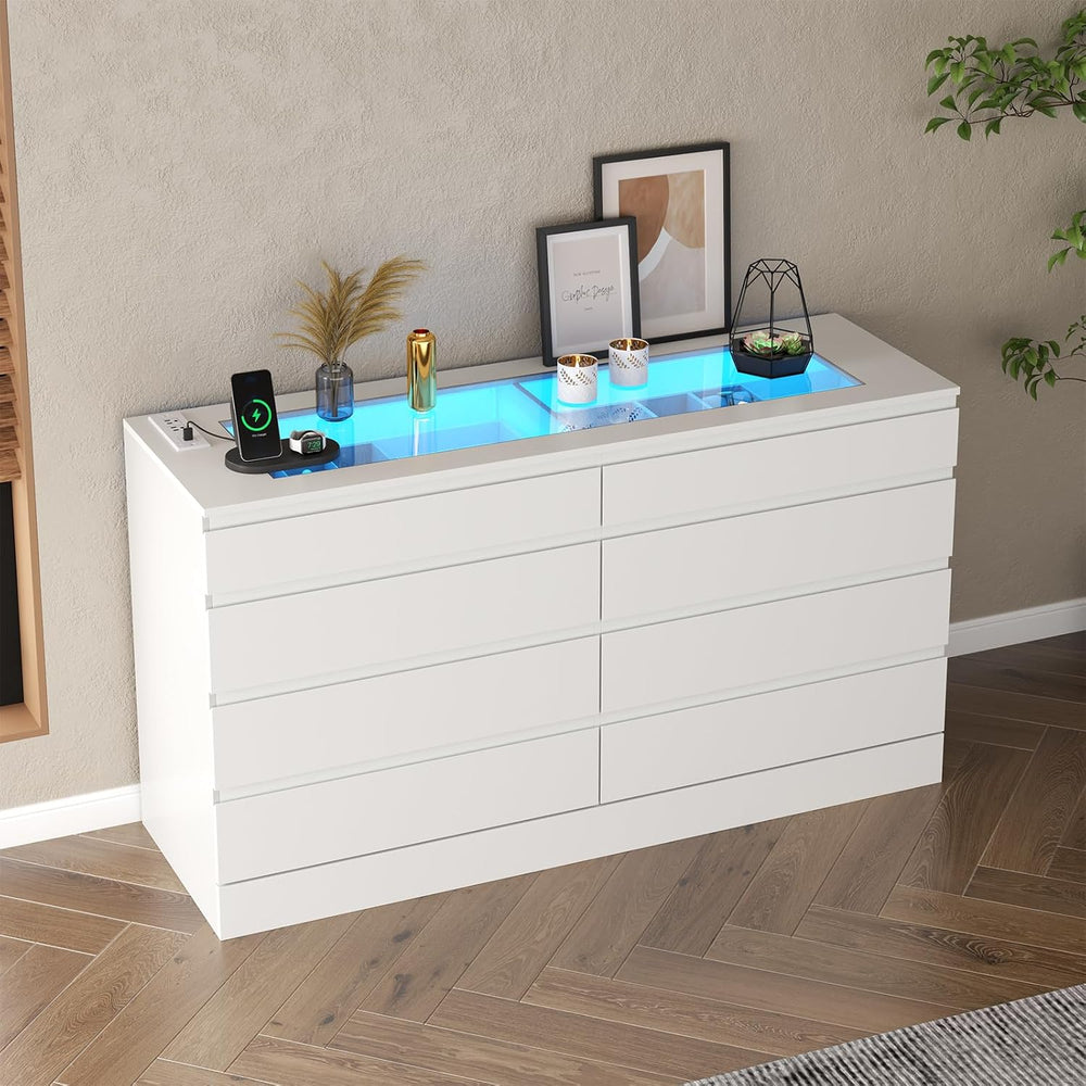 Gyfimoie 8 Drawer Dresser with Glass Top & Power Outlet, White Dresser fo...