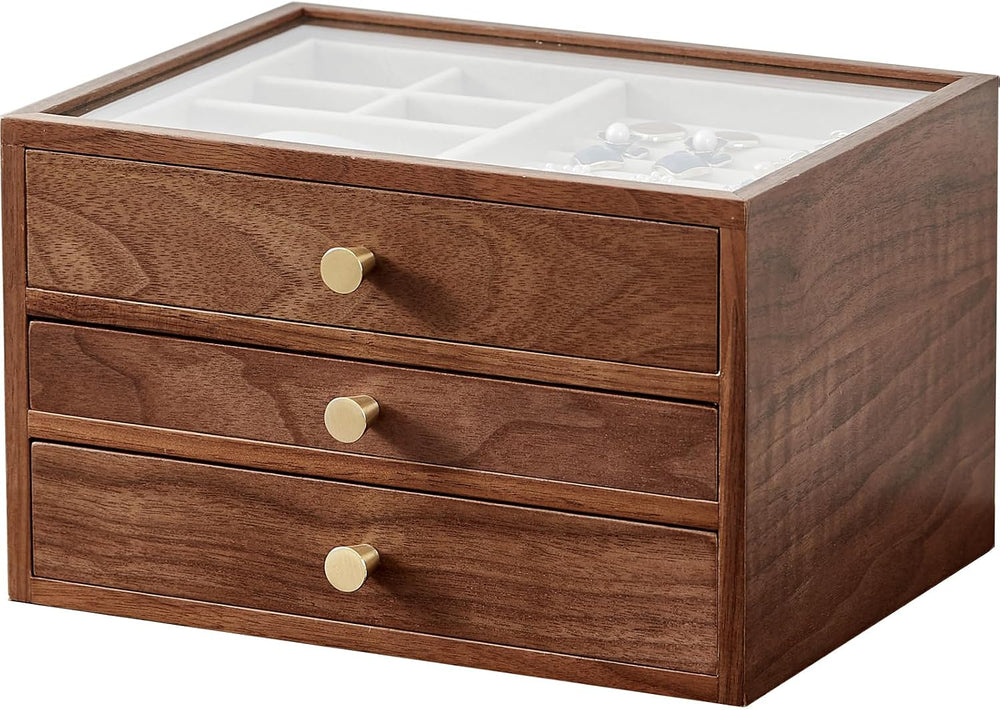 CHOSIN Black Walnut Jewelry Box Wood for Women with Glass Lid, 3 Layer