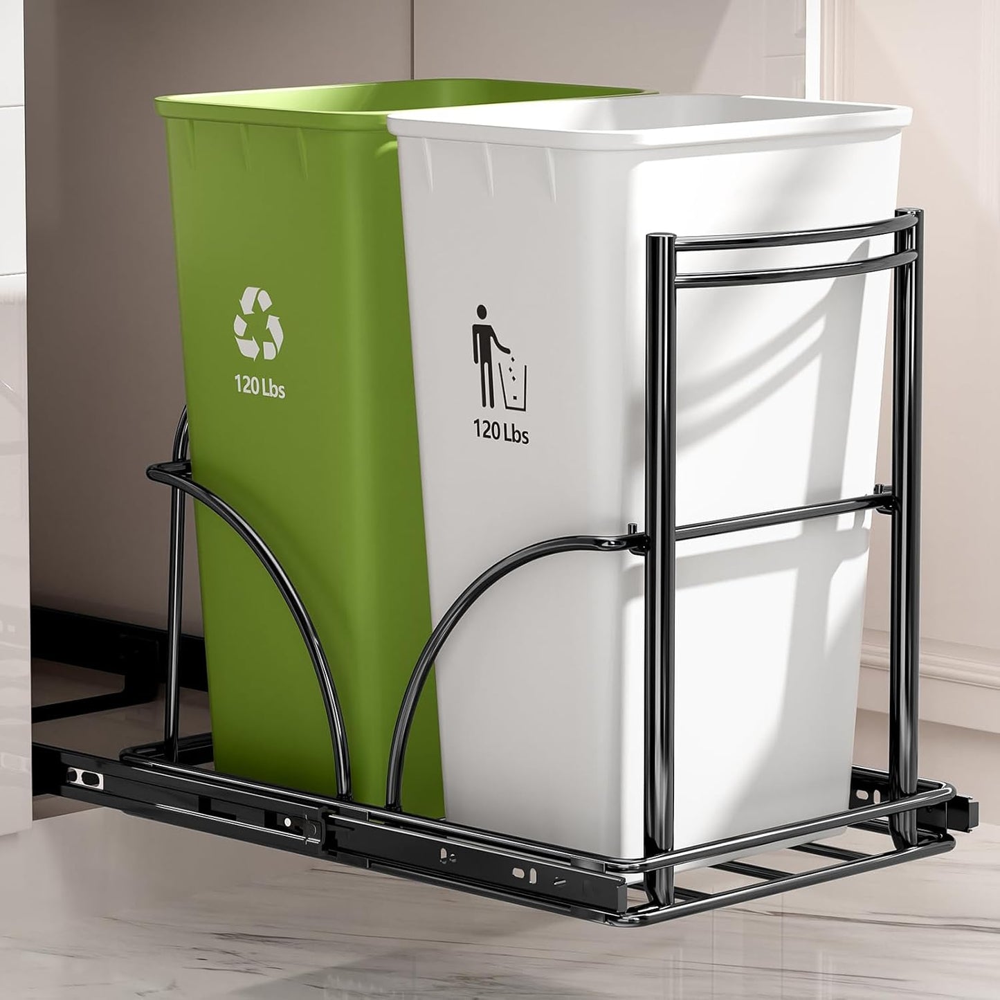Dual Trash Can Pull Out Under Kitchen Sink Counter, NO CAN, Slider | For 35Qt Bins(7-9 Gal), Recycling Bin & Garbage Can Pullout Kit, Quiet Close Sturdy Shelf, Requires Cabinet ≥16"W*17"H*23"D