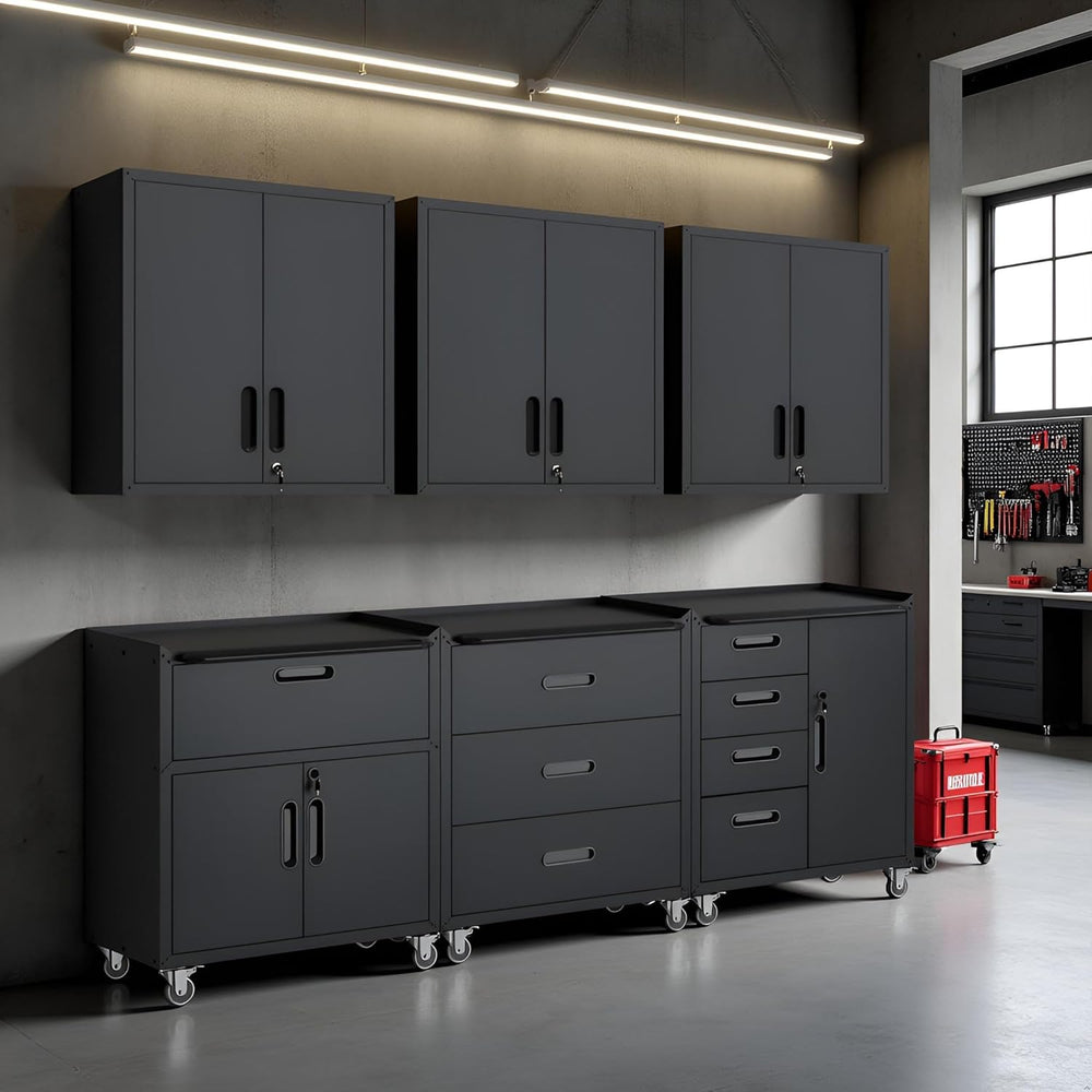 Garage Storage Cabinet System 6pcs Heavy Duty Workshop Set Wall Cabinet Locka...