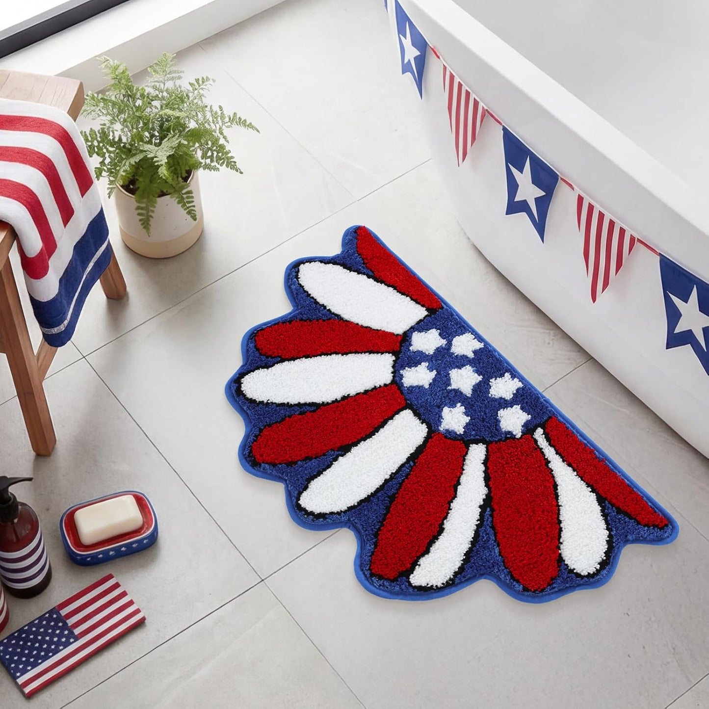 Moutina Memorial Day Daisy Floral Bath Mat 16x30 Inch, Soft and Absorbent Tufted 4th of July Bathroom Rug Non Slip Washable, Patriotic Bathroom Decor Half Circle Rug Holiday Decorations