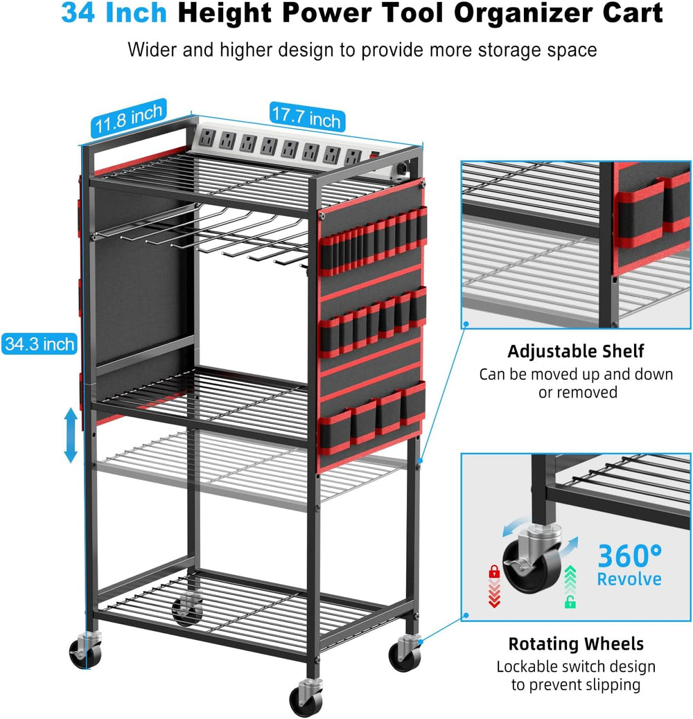 JUNNUJ Power Tool Organizer Cart with Charging Station, 6 FT Cord, Red