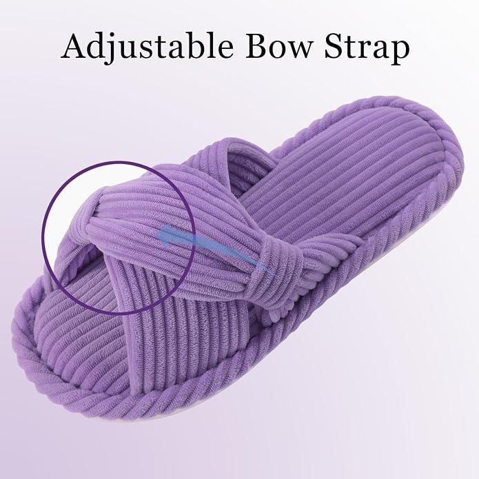 Evshine Summer House Slippers for Women Corduroy Cross Bow Indoor Slippers Open - Image 3
