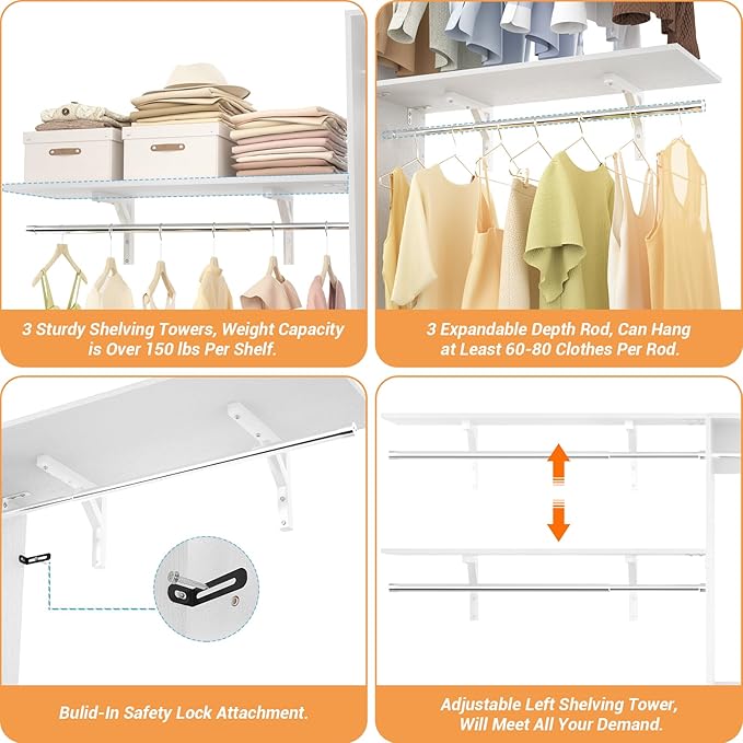 8FT Closet System with Shelves, Wall Mount Bedroom Wardrobe Walk-in Closet - Image 6