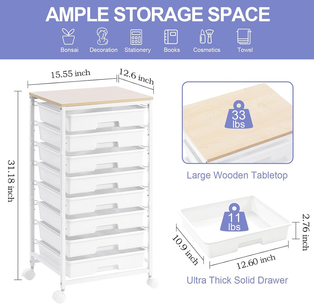 SYKIARIOL Rolling Storage Cart with Drawers, 8 Drawers Utility Cart,White