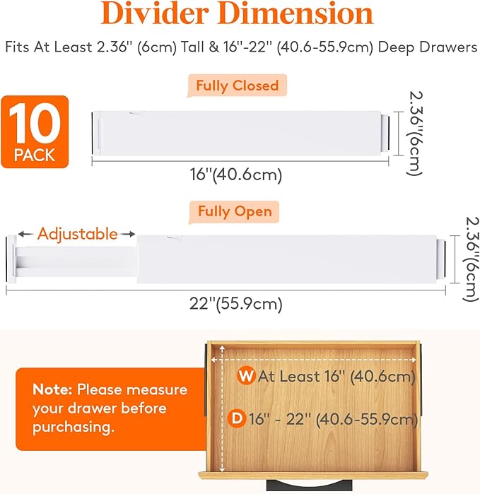 Lifewit 10 Pack Kitchen Drawer Dividers 2.36" High, Plastic Expandable - Image 3