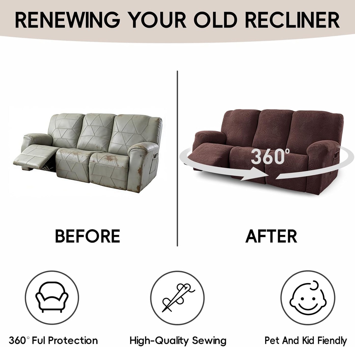 5-Piece Recliner Sofa Covers,Stretch Geometric Strokes Jacquard Recliner Sofa Slipcovers,Seamless Furniture Protector with Pocket,Soft Breathable Couch Cover,3 Seater Chocolate