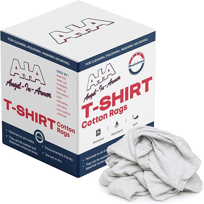 Angel-in-Armor White T-Shirt Rags – 50lb Bulk Box of Recycled Cotton Knit Shop by A-I-AAngel-In-Armor