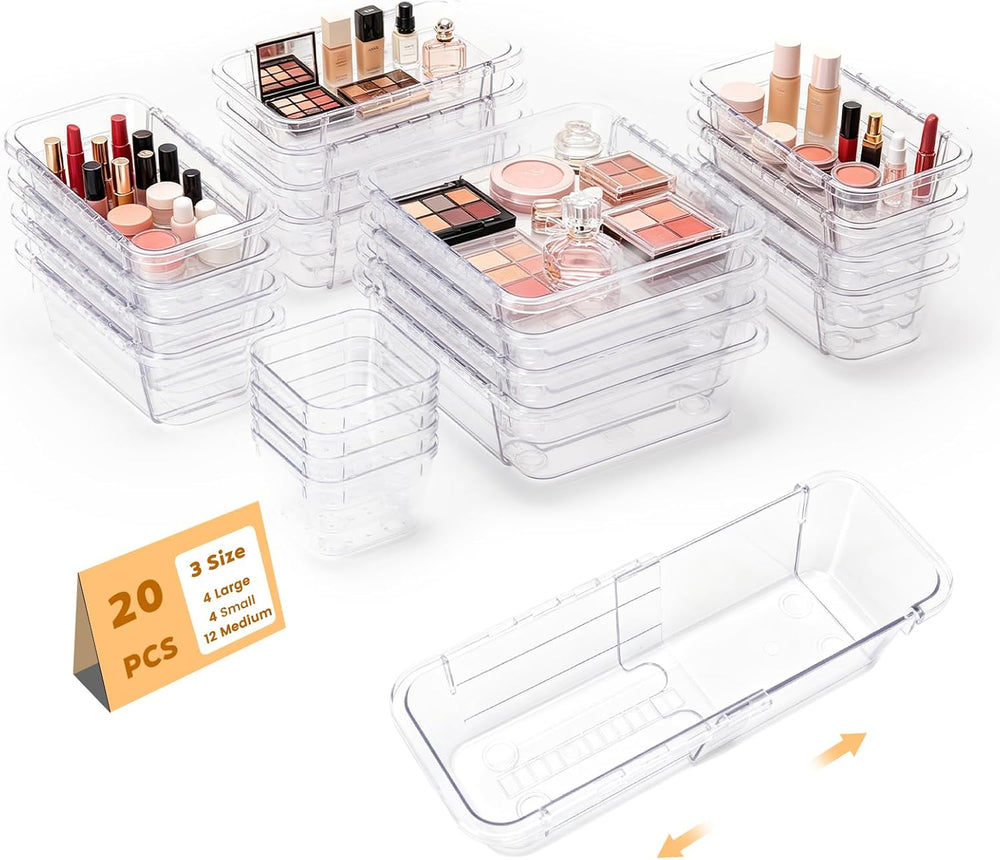 20PCS Clear Drawer Organizer Set, Expandable Acrylic Vanity Storage Bins, 2 S...