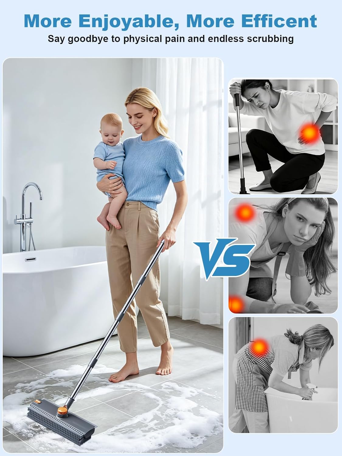 Floor Scrub Brush with Long Handle, 4 in 1 Shower Scrubber with Floor Squeegee and Heavy-Duty Stiff Bristle Push Broom for Cleaning Shower Bathroom Patio Pool Kitchen Wall Deck Tile Garage