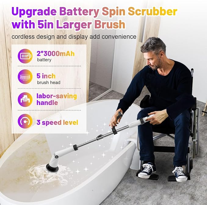 6000mAh Battery Electric Spin Scrubber 5inch Large Brush, Zordin Best Power - Image 4