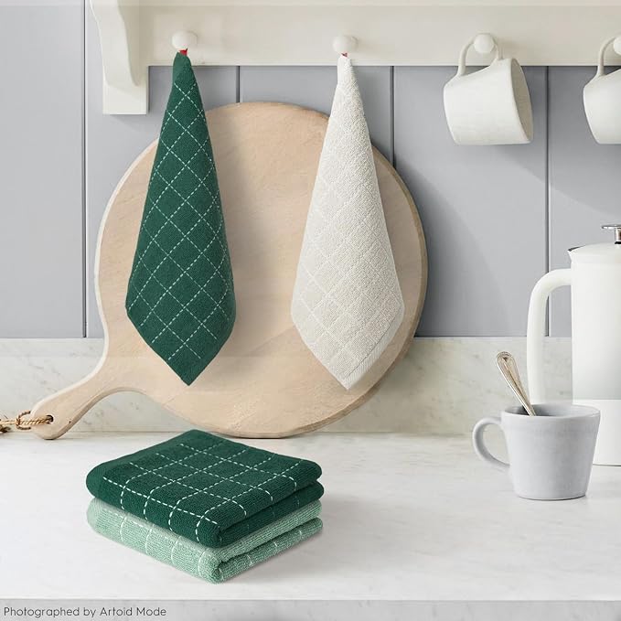Artoid Mode Checkered Designed Cotton Beige Dark Green Terry Kitchen Dish Cloths - Image 2