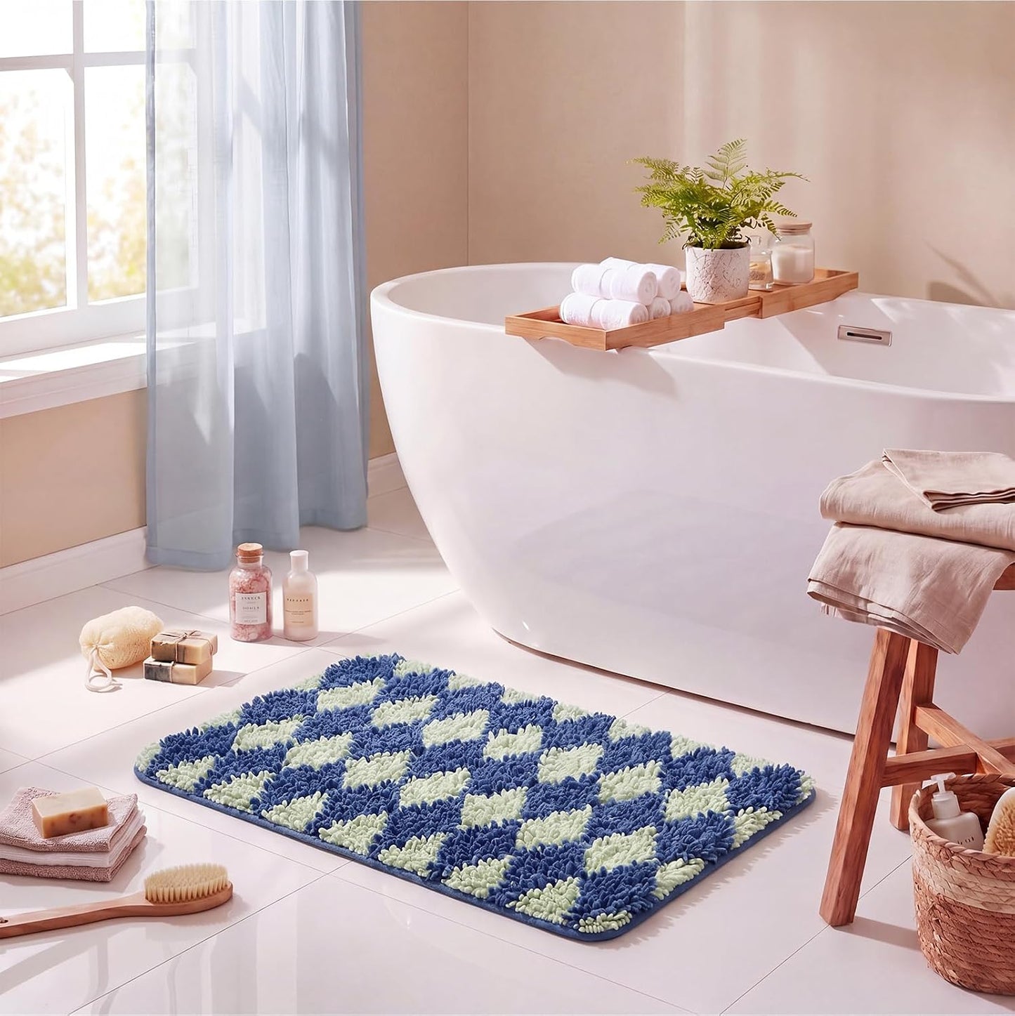 Kacctyen Checkered Bath Mat 24x16 Inch Cute Diamond Tufted Bathroom Rug Soft Absorbent Non-Slip Washable Microfiber for Tub Shower Apartment Dorm Home Decor(Blue and Green)