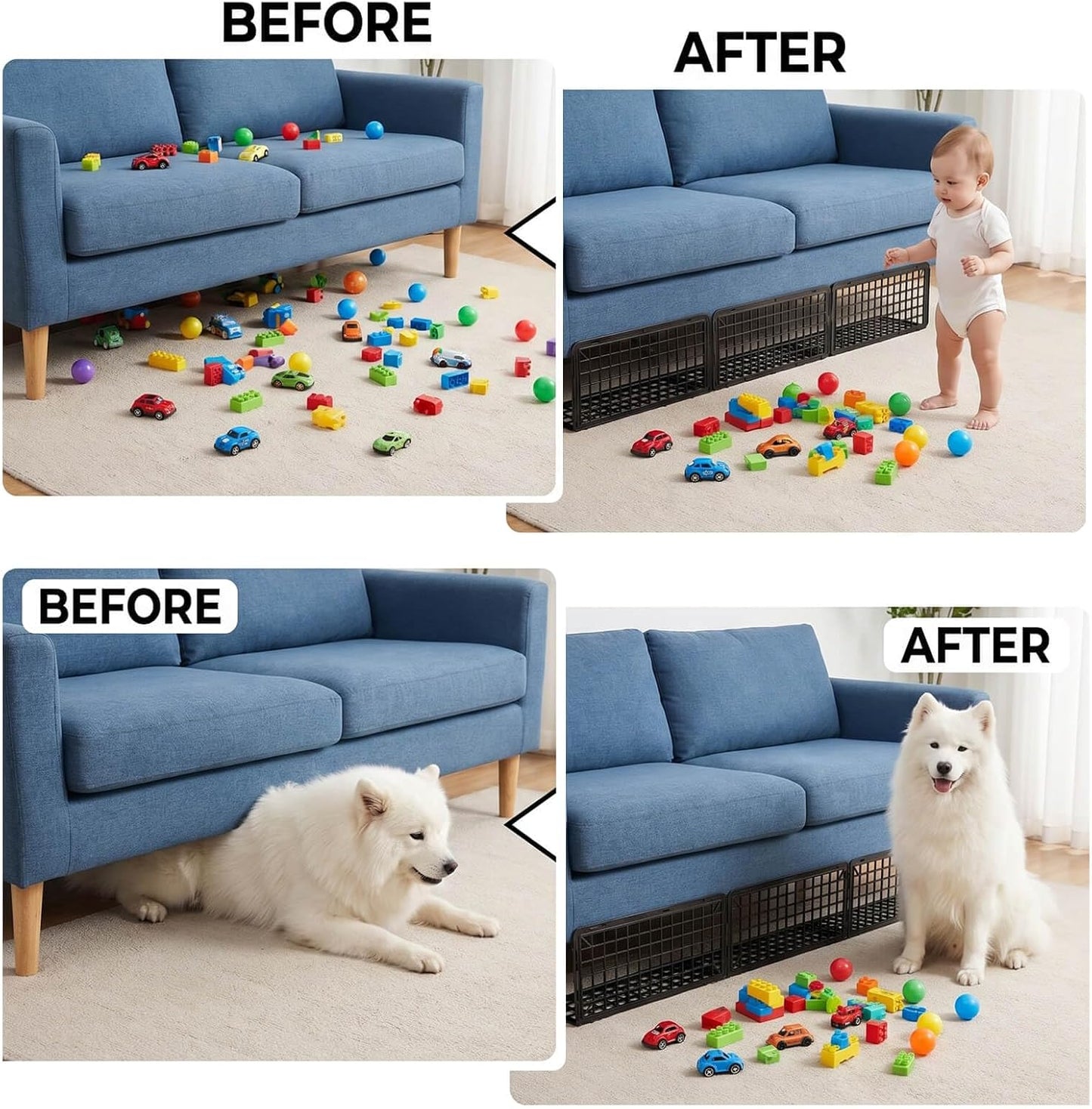 12Pcs Under Couch Blocker for Bed Adjustable Furniture Plastic Under Bed Blocker with 32ft Cut-to-Size Hook & Loop Secured Furniture Feet Ties & 40 Ties, Black Couch Barriers for Dogs Pets Cat