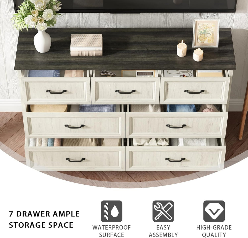 Farmhouse 7 Drawer Dresser for Bedroom, 55" White Dresser with TV Stand