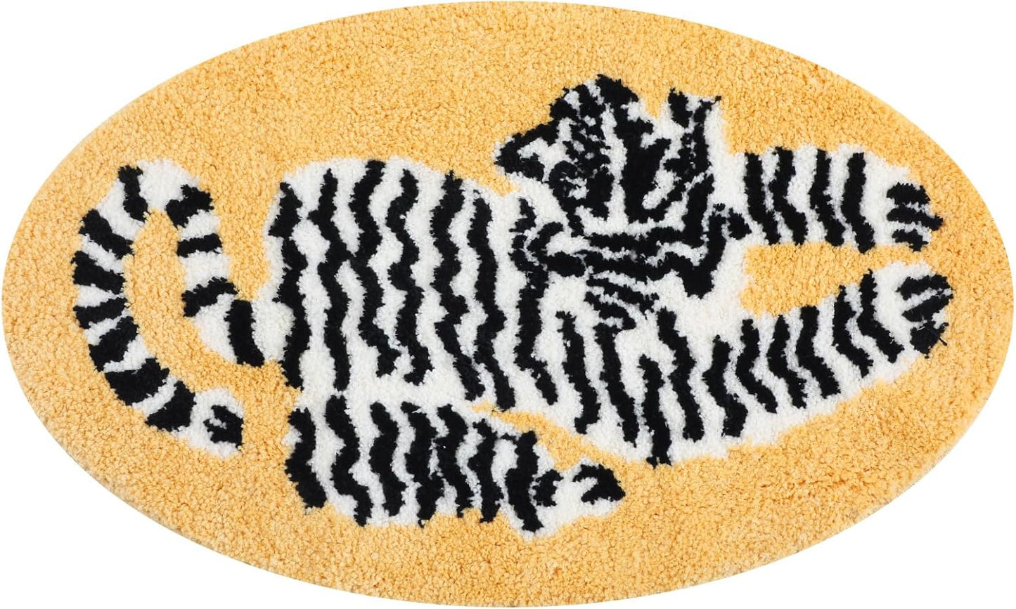 Tinideya 31 x 20 Inch Oval Tiger Bath Rug Yellow Tiger Floor Mat Soft Plush Absorbent Non Slip Bathroom Door Mat for Bathroom Shower Bedroom Living Room Animal Print Home Decoration