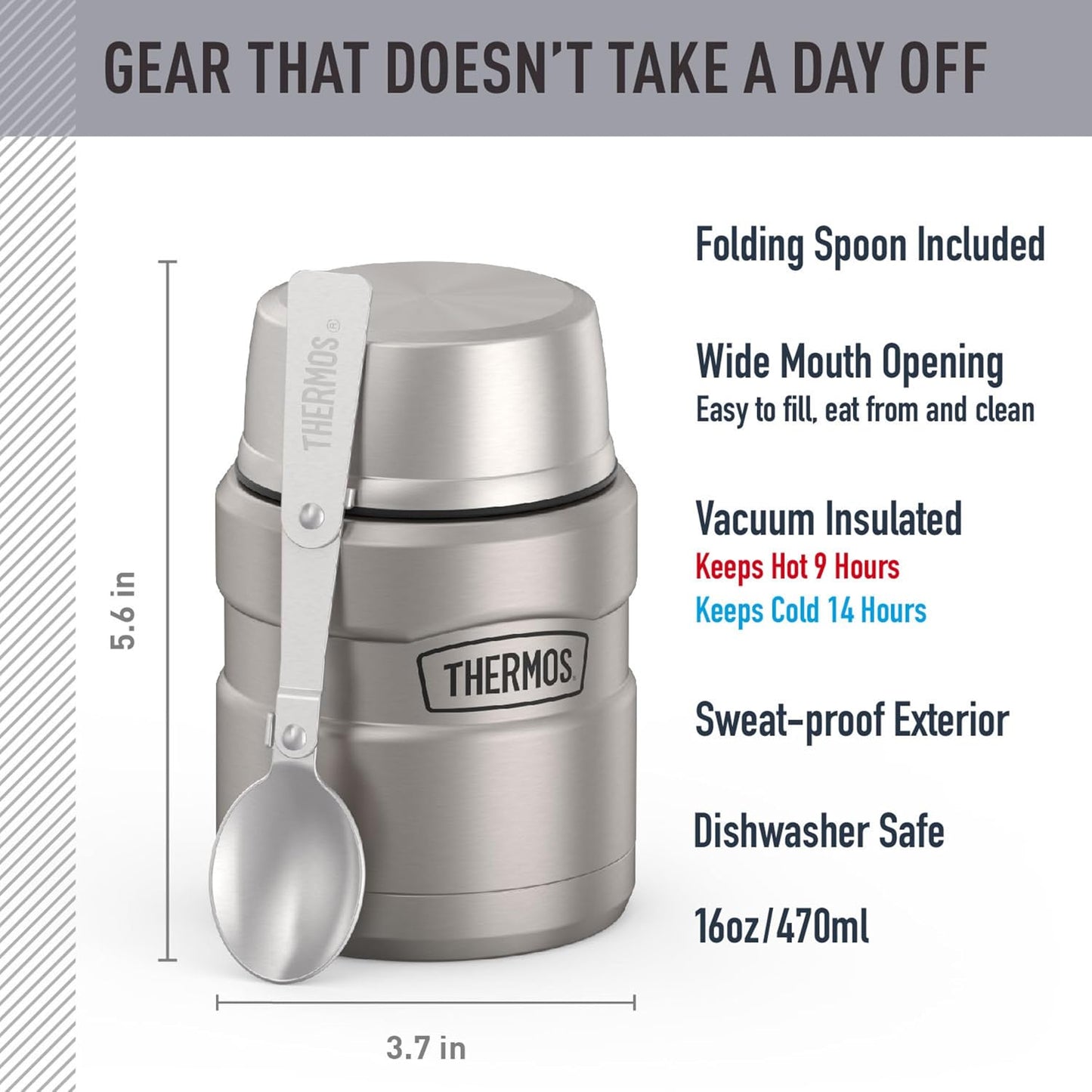 THERMOS Stainless King Food Jar with Spoon, 16oz, Matte Steel | Stainless Steel Insulated Food Container with Built-In Bowl, Keeps Food Hot or Cold Longer for Work & Travel