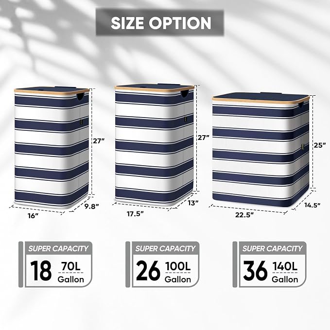 BALEINE Laundry Hamper with Lid, Tall Laundry Baskets with Bamboo Pull Handles - Image 2