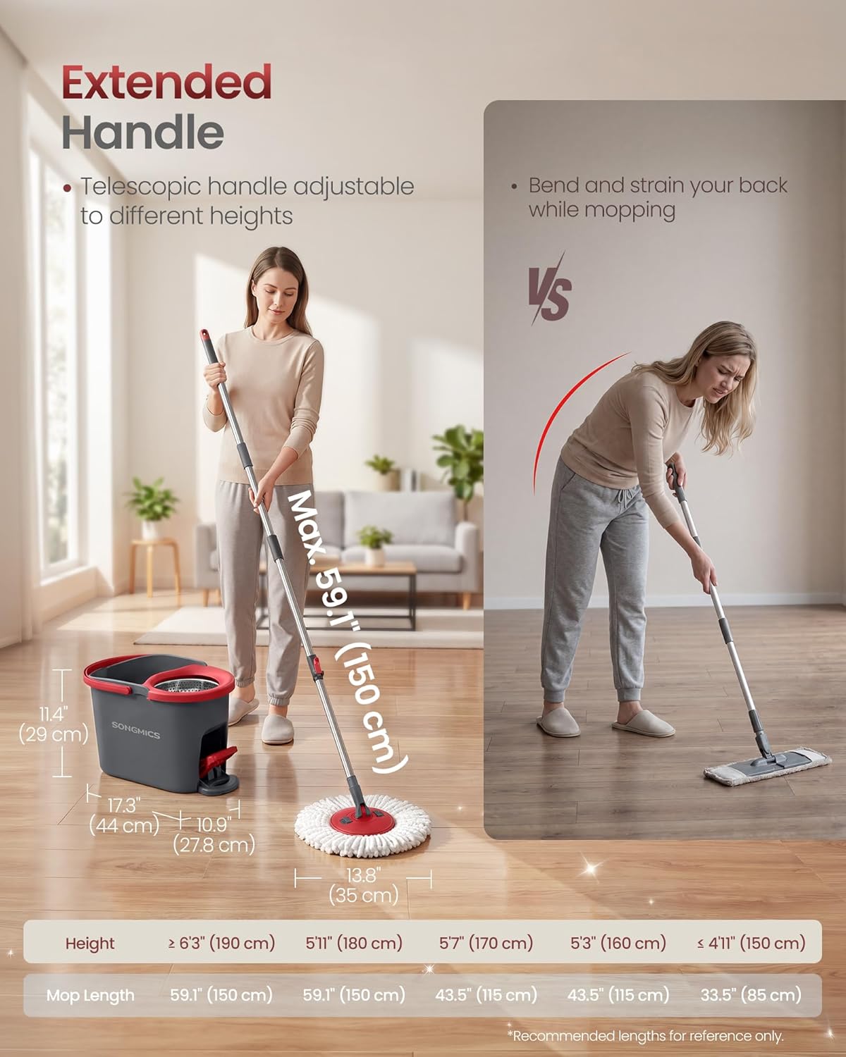 SONGMICS Spin Mop and Bucket Set with Pedal Wringer, Floor Cleaning Mop, Adjustable Telescopic Handle, Max. 59.1-Inch Length, 360° Rotating Head, 4 Microfiber Pads, Gray and Red ULMB002GT04