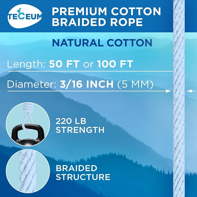 TECEUM Cotton Rope 3/16” – 100 FT – Strong All-Purpose Braided Rope – Natural - Image 2