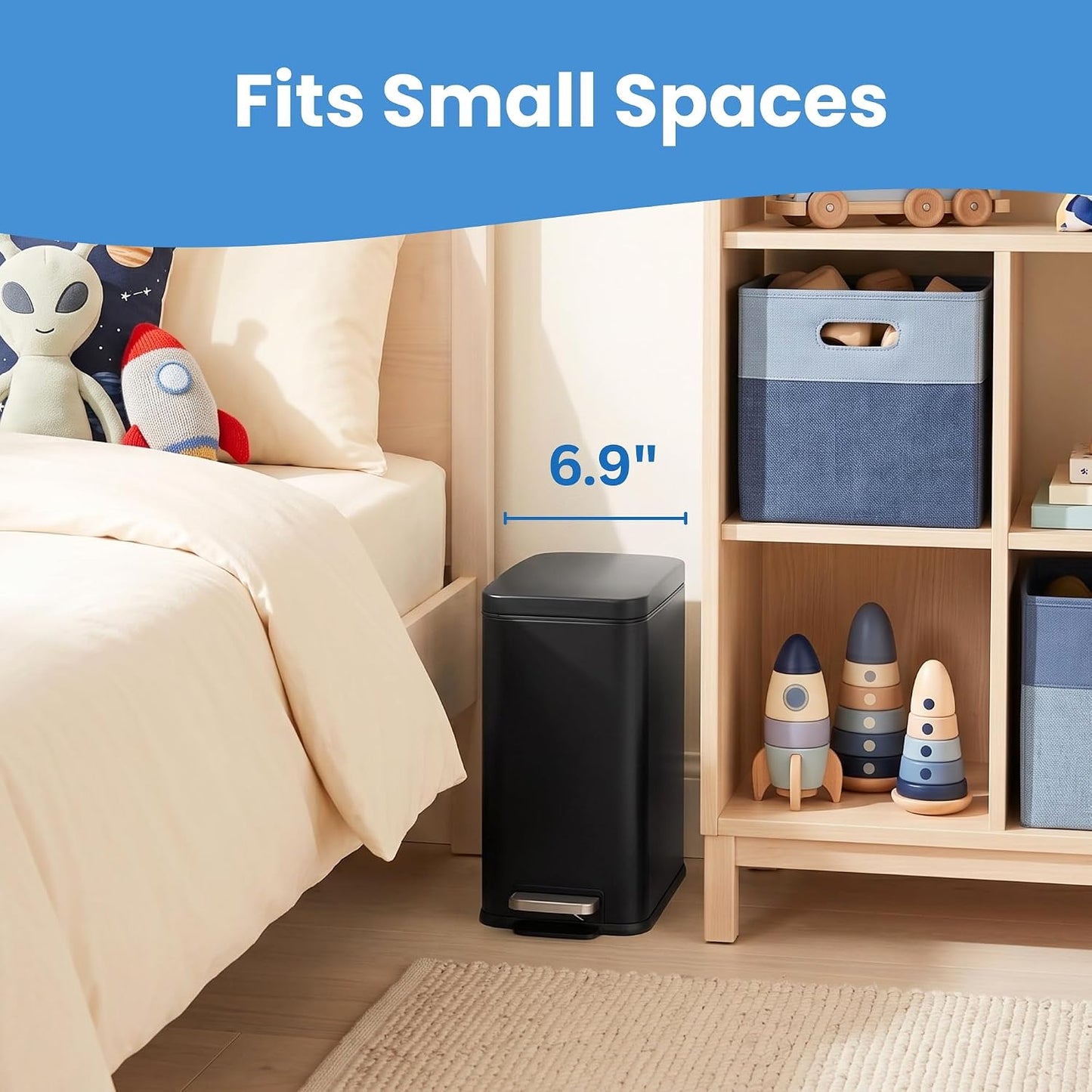 iTouchless 3 Gal Kids Room Wastebasket | Step Pedal Trash Can | Matte Black | Foot-Operated Lid Opens Instantly | Whisper-Quiet AirNova Damper | Removable Liner Bucket | Sleek Finish for Bedroom Decor