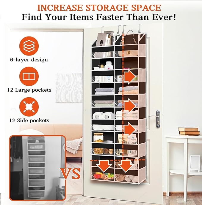 Over The Door Organizer 6 Tiers, Extra Large Behind Door Storage of 12 - Image 2