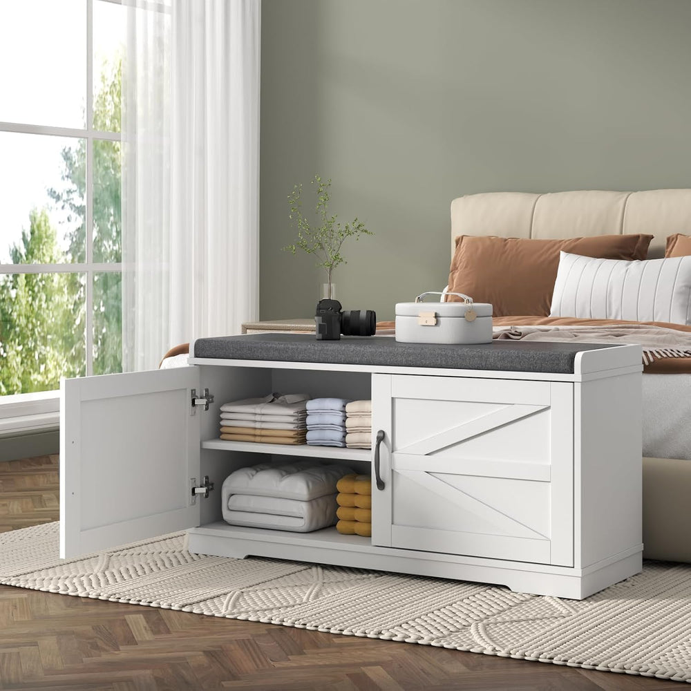 Loomie Shoe Storage Bench, 2-Tier Farmhouse Entryway Bench with Padded Seat C...