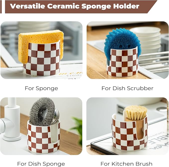 Checkered Sponge Holder for Kitchen Sink, Ceramic Dish Sponge Drying Caddy - Image 4
