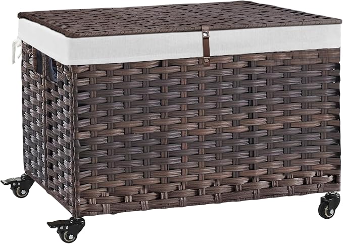 Rolling Storage Basket with Lid, 47.6 Gallon Storage Bin with Wheels, Woven by Hiagnete