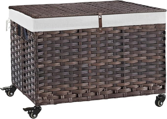 Rolling Storage Basket with Lid, 47.6 Gallon Storage Bin with Wheels, Woven by Hiagnete