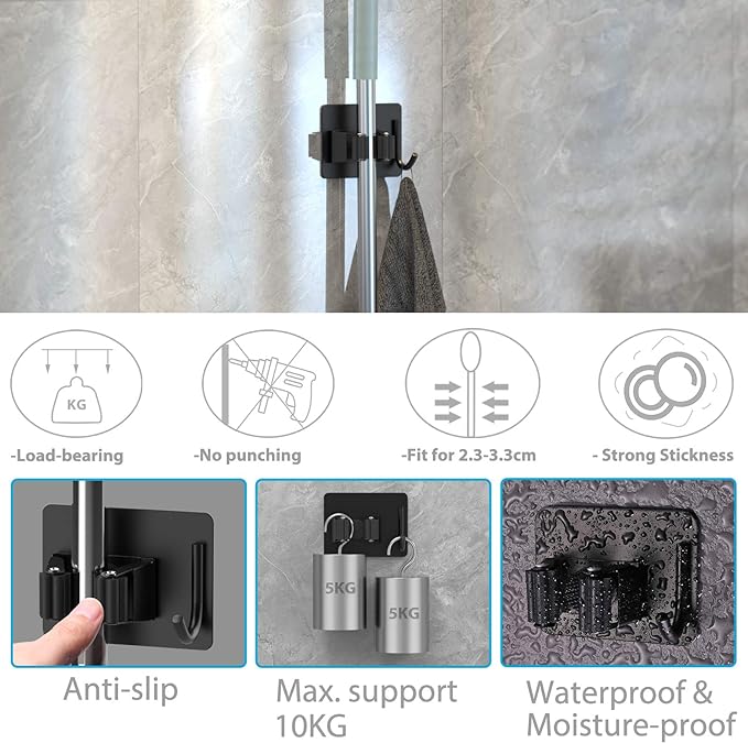 Mop Broom Holder No Drill, Mop Broom Organizer Wall Mounted Heavy Duty - Image 3