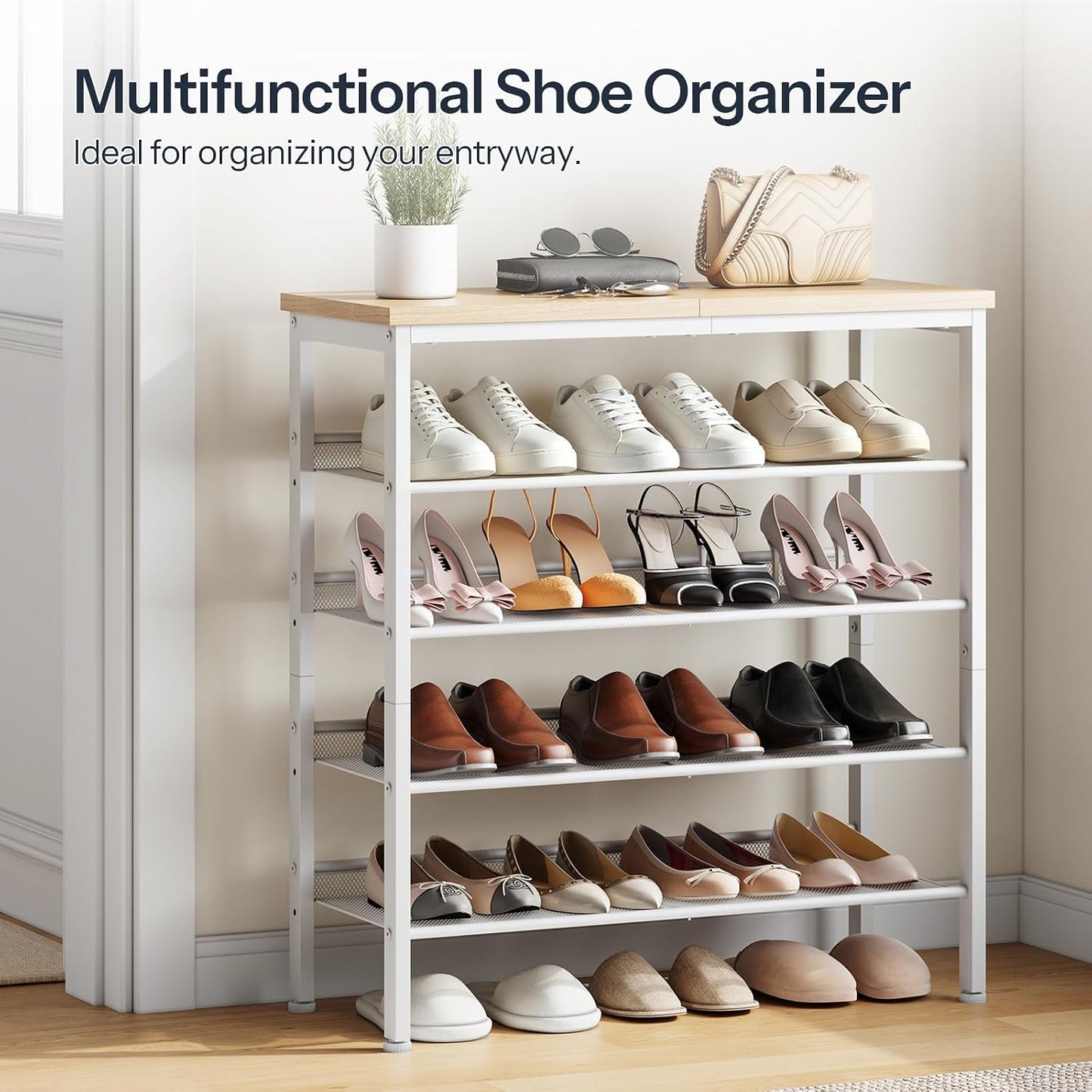 HOOBRO Shoe Rack for Entryway, 5-Tier Shoe Organizer with Adjustable Mesh Shelves, 12-16 Pairs of Shoes, Spacious Floor Mount, Metal, Industrial, Shoe Shelf for Closet, Natural and White WN12XJ01