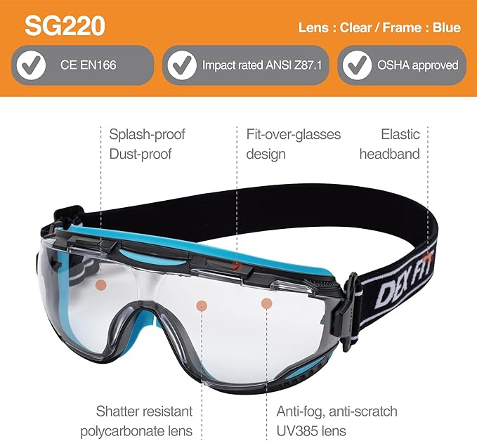 DEX FIT Protective Safety Goggles SG220; Anti Fog & Scratch, Z87 Eye Protection - Image 2
