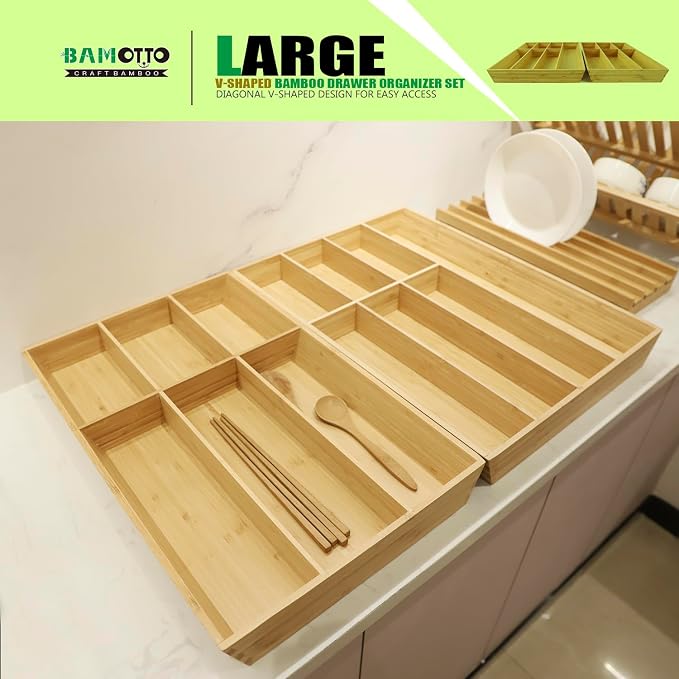 V-Shaped Extra Large Bamboo Drawer Organizer Set of 2, Kitchen Cutlery Tray - Image 6