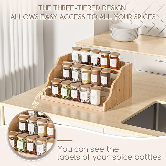 Tiered Spice Rack Organizer for Cabinet, Wooden Spice Rack for Countertop - Image 4