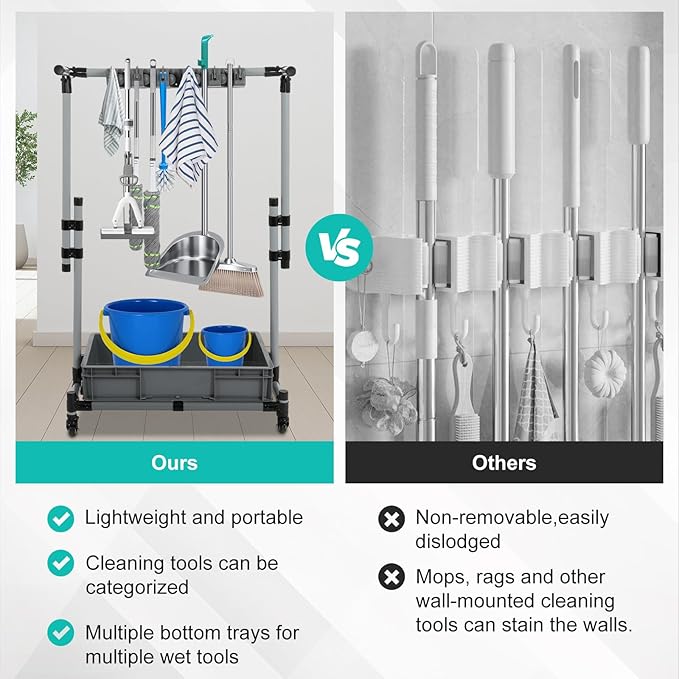 Rolling Cleaning Cart with Mop & Broom Organizer, Movable Floor-Mounted Mop - Image 5