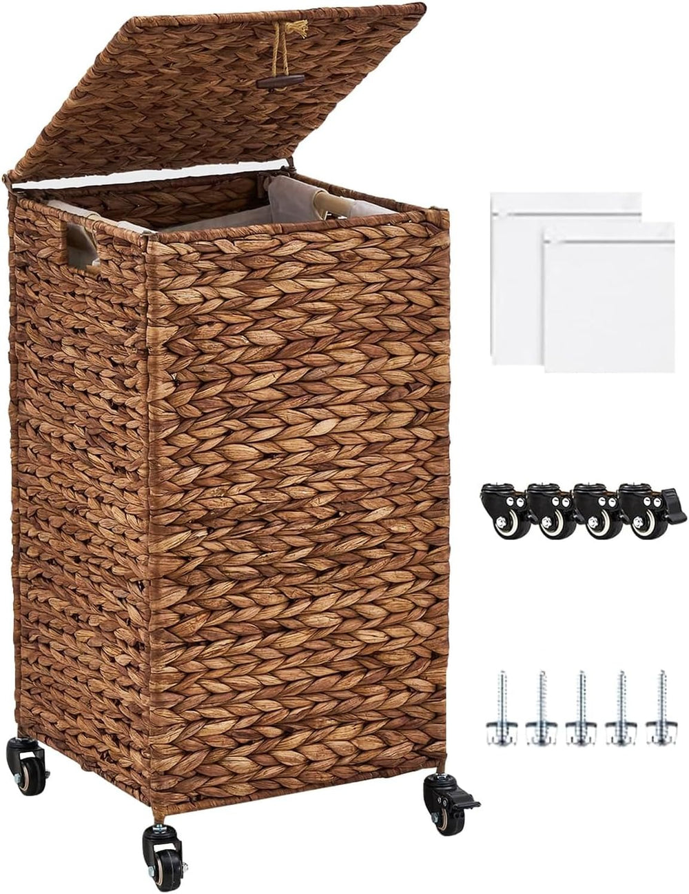 Hand-Woven Natural Water Hyacinth Laundry Basket with Wheels