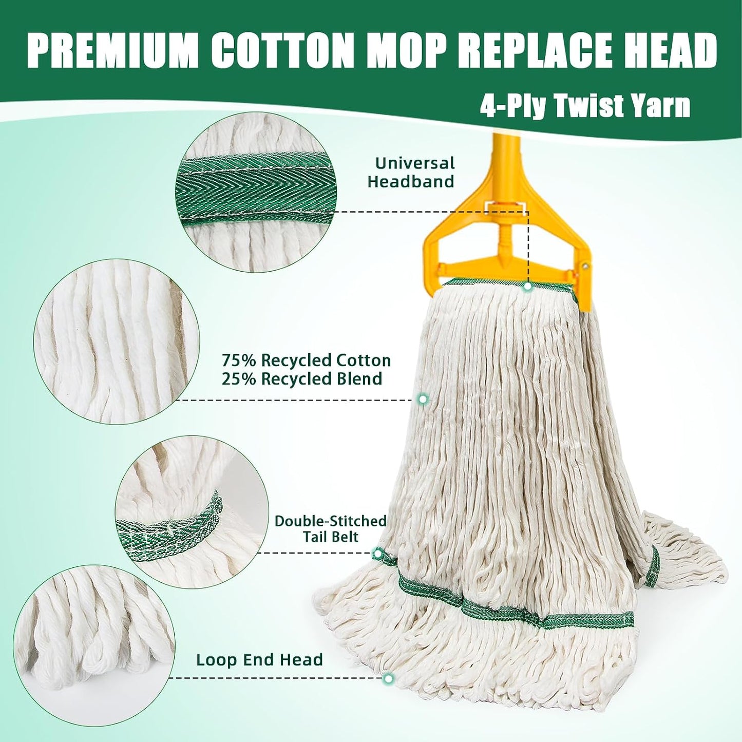 3 Pack Heavy Duty Commercial Industrial Mop Replacement Heads with 48'' Long Handle, 20oz Looped-End String Wet Cotton Mops Refills for Home,Garage,Office and Kitchen