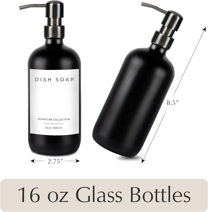 Emerson Essentials Glass Soap Bottle Dispensers, 2 Pack, Stainless-Steel Pumps - Image 2