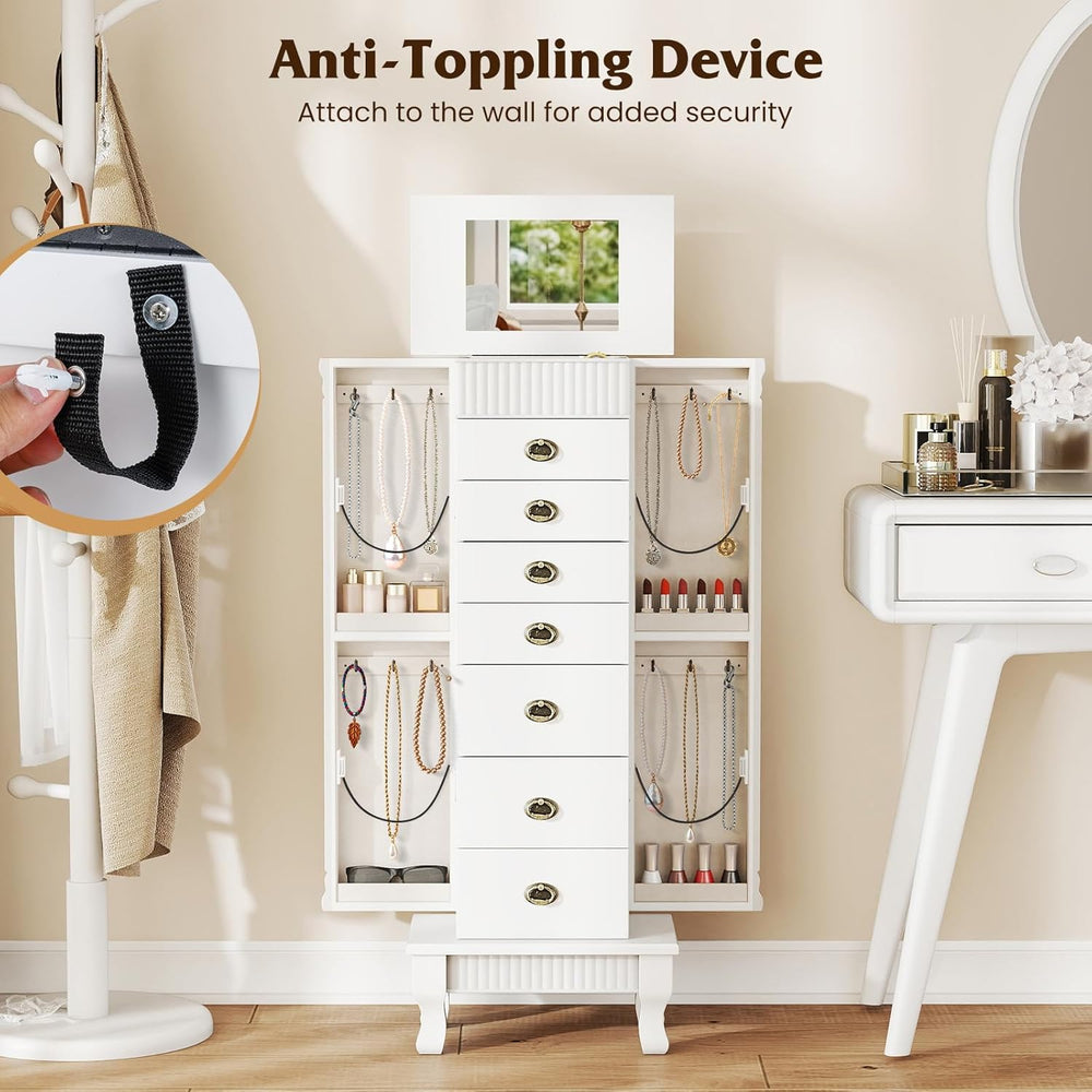 GIANTEX Standing Jewelry Cabinet with 7 Drawers, Flip-Top Mirror, White