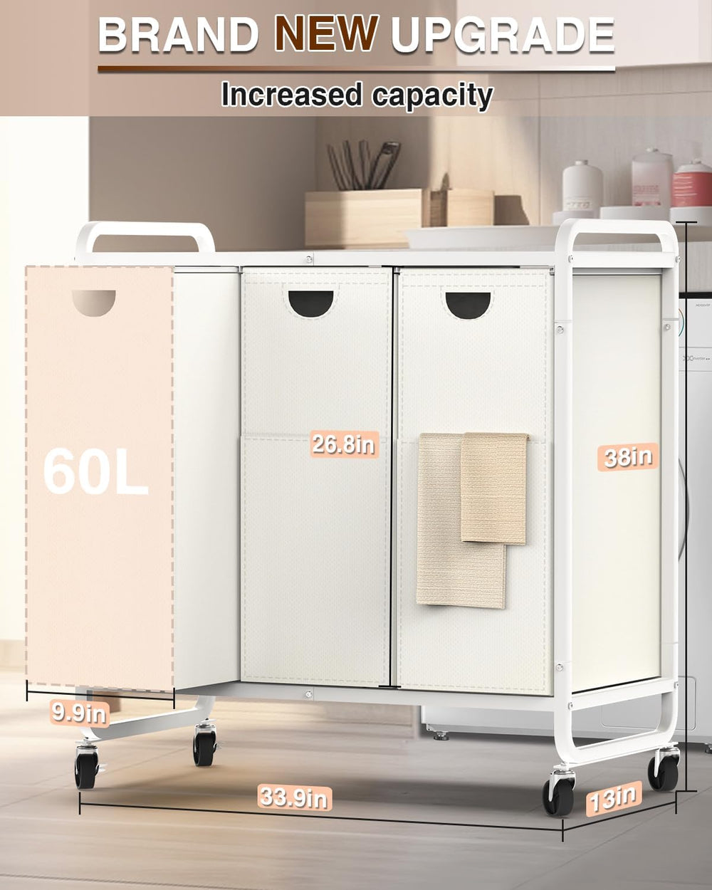 Laundry Hamper 3 Section,Laundry Basket with Wheels,3×15.8 Gal (60L) White