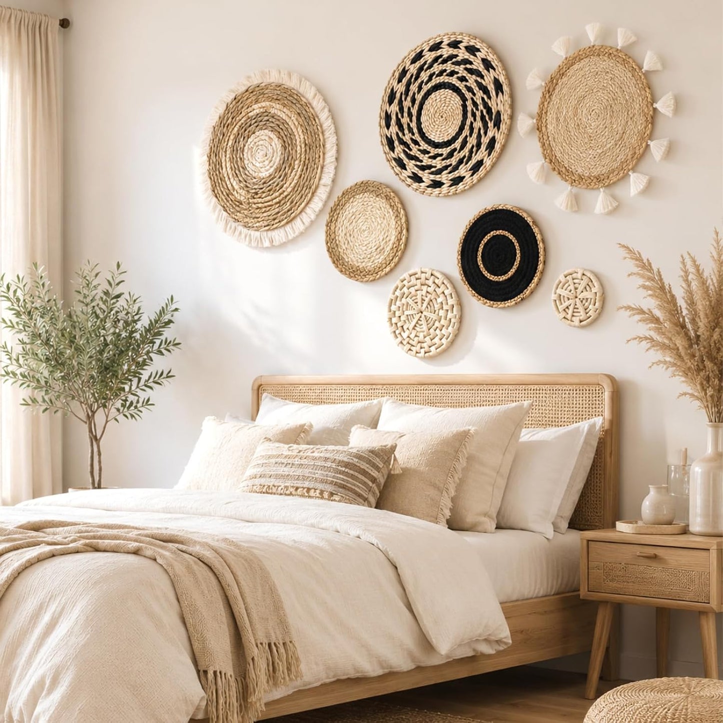 LOMOHOO Set of 7 Boho Wall Basket Decor Wicker Woven Wall Basket Decoration | LOMOHOO Bohemian Handcrafted Round Basket Hanging Decor Bulrush Wall Art Decors for Living Room Rustic Home